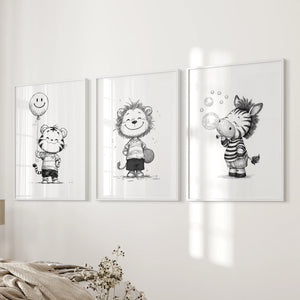 Black White Gender-Neutral Nursery Art Set. Lion Tiger Zebra