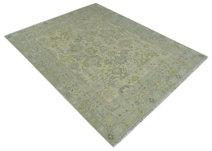 Neutral Beige and silver 8x10 Traditional Antique Finish Hand knotted Wool Area Rug