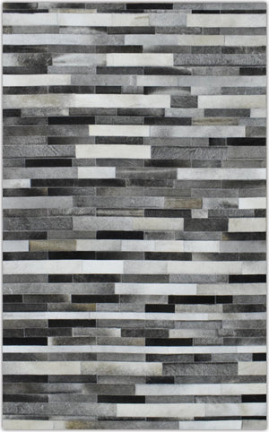 Gray and Silver Handmade 5x8 Stripe Design Leather Area Rug