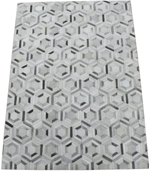 Modern Handmade Ivory and Silver Genuine Leather Area Rug