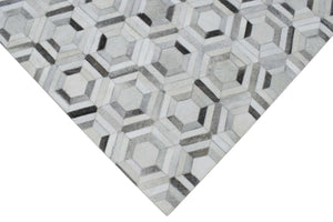 Modern Handmade Ivory and Silver Genuine Leather Area Rug