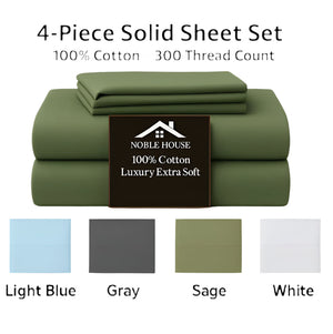 4-Piece 100% Cotton Solid Sheet Set – 300 Thread Count, Luxury Extra Soft