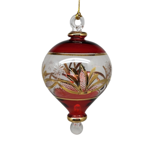 Etched Gold Teardrop Blown Glass Ornament - Red