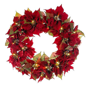 18" Battery-Operated LED Red Poinsettia Wreath