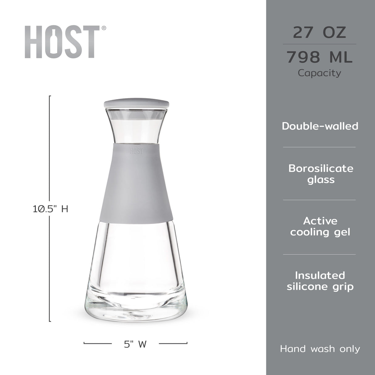 Glass FREEZE™ Carafe – 27 oz Insulated Glass Pitcher with Cooling Gel and Lid (Grey)
