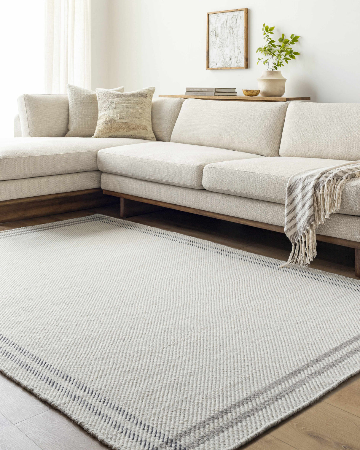 Nimue Cream & Charcoal Bordered Area Rug - Clearance