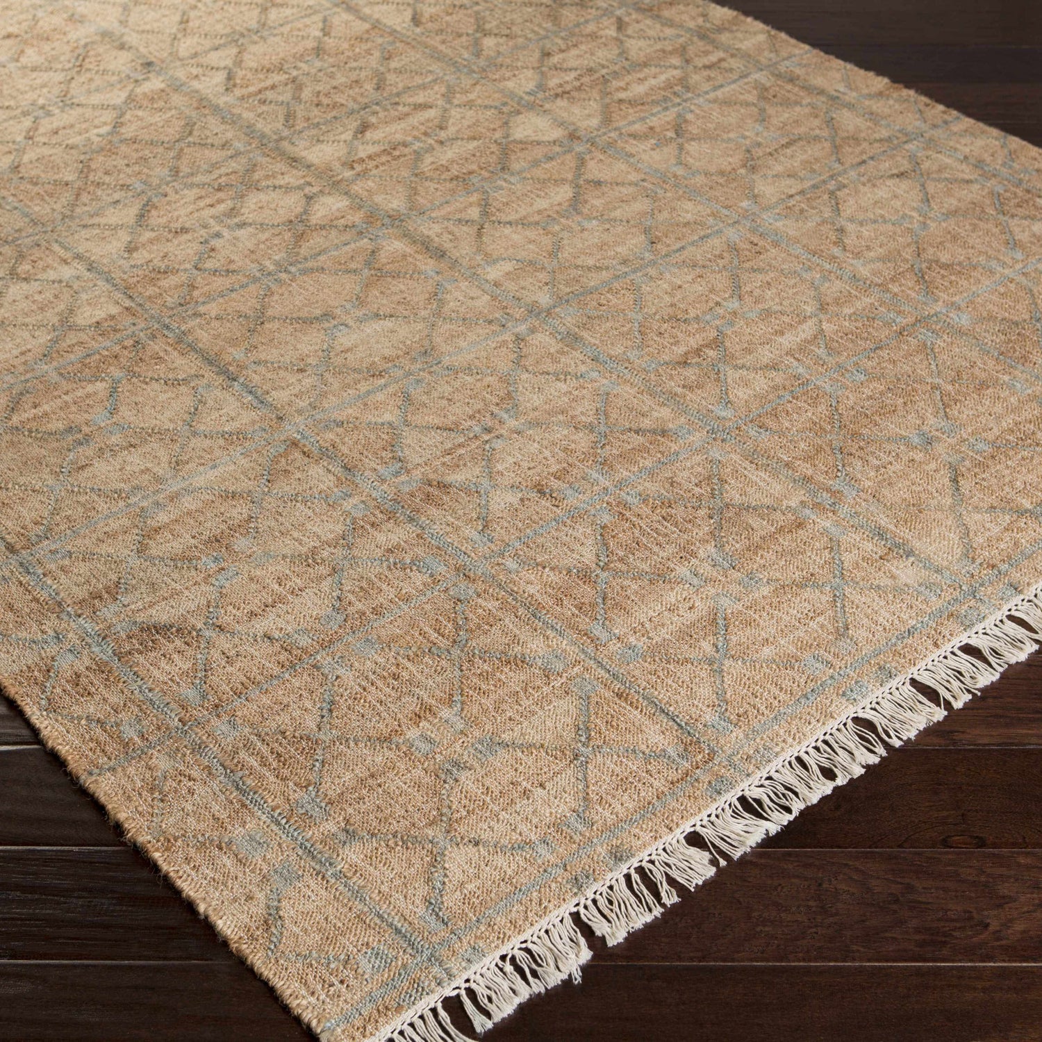 Rice Dusty Sage Fringed Jute Carpet