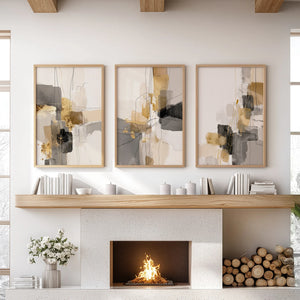Neutral Abstract Wall Art Set of 3. Beige, Gray, Gold Prints