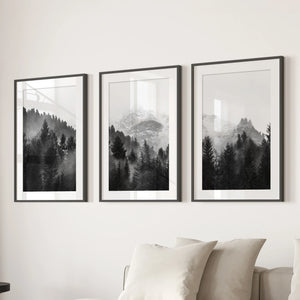 Black White Forest Triptych. Misty Mountains Nature Posters