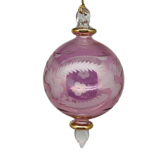 Etched Blown Glass Ball Ornament - Pink