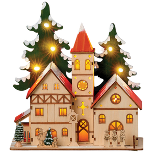 Lighted Wooden Church with Tree & Carolers