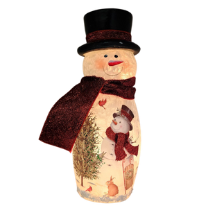 Lighted Glass Vase - Delightful Snowman  -9 Inches tall