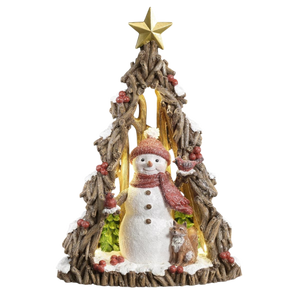 Lighted Tree  And Red Snowman With Fox Cutout