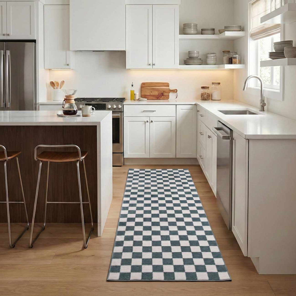 Kaysar Oil Green Checkered Washable Area Rug