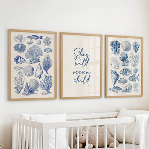 Coastal Sea Life Prints. Blue Sea Shells and Fish Print Set