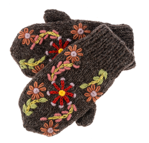 Knit Embroidered Floral Mittens - Brown