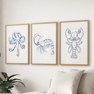 Octopus, Lobster, Crayfish Wall Art. Trendy Set of 3 Prints