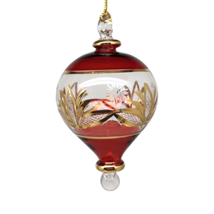 Etched Gold Teardrop Blown Glass Ornament - Red