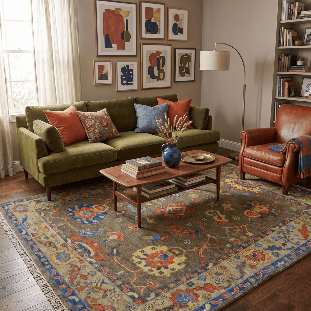 Olive and Blue Vibrant Colorful Traditional Oushak Multi Size wool Area Rug