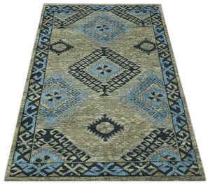 Olive, Charcoal and Blue Hand Knotted Traditional Mamluk Design 5x8 wool area Rug