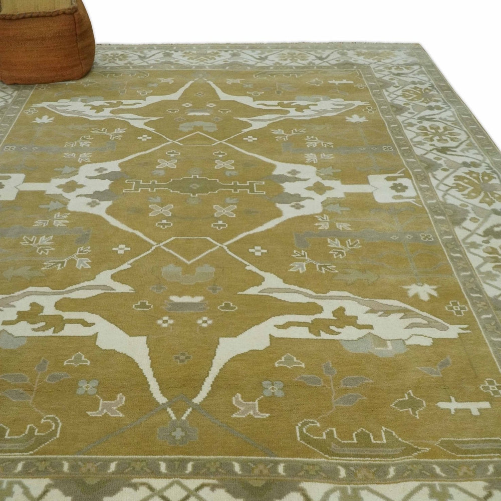 Olive, Ivory and Gray Hand knotted Oushak Custom Made Wool Rug
