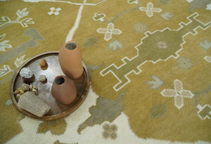 Olive, Ivory and Gray Hand knotted Oushak Custom Made Wool Rug