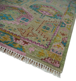 Olive, Teal, Brown and Pink Traditional Ikat Design Hand knotted 8x10 wool Area Rug