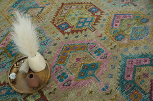 Olive, Teal, Brown and Pink Traditional Ikat Design Hand knotted 8x10 wool Area Rug
