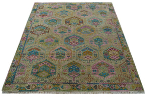 Olive, Teal, Brown and Pink Traditional Ikat Design Hand knotted 8x10 wool Area Rug