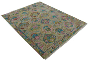 Olive, Teal, Brown and Pink Traditional Ikat Design Hand knotted 8x10 wool Area Rug