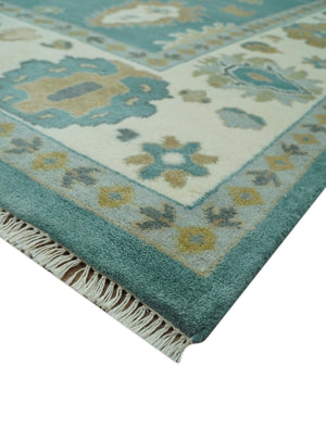 Ollie Custom Made Teal, Ivory and Olive Hand Knotted Oushak Wool Rug
