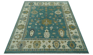 Ollie Custom Made Teal, Ivory and Olive Hand Knotted Oushak Wool Rug