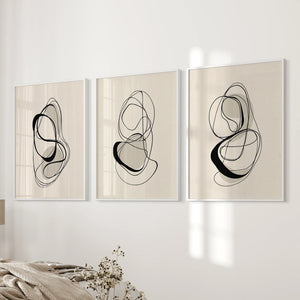 Black and Beige Abstract Set of 3 Wall Art. Minimalist Lines