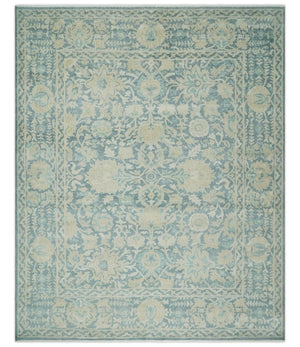 One of a Kind 8x10 Hand Knotted Blue and Beige Antique Traditional Low Pile wool Area Rug