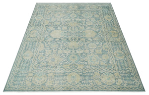 One of a Kind 8x10 Hand Knotted Blue and Beige Antique Traditional Low Pile wool Area Rug