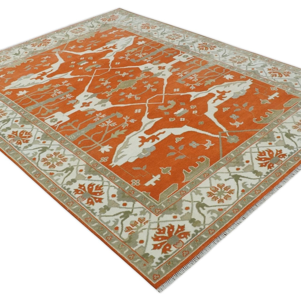 Orange, Ivory and Olive Hand knotted Oriental Oushak 9x12 wool Area Rug