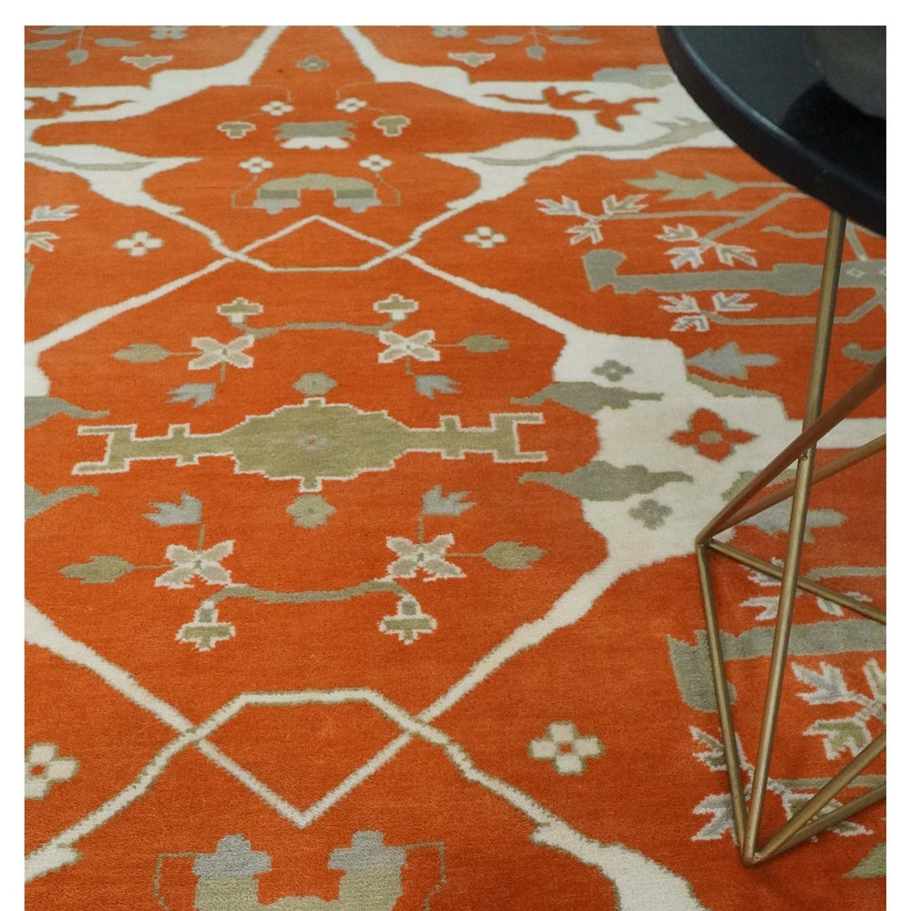 Orange, Ivory and Olive Hand knotted Oriental Oushak 9x12 wool Area Rug