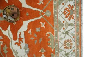 Orange, Ivory and Olive Hand knotted Oriental Oushak 9x12 wool Area Rug