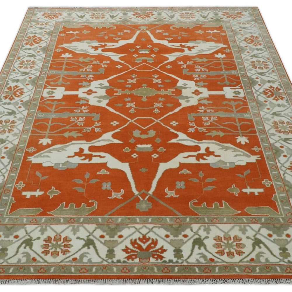 Orange, Ivory and Olive Hand knotted Oriental Oushak 9x12 wool Area Rug