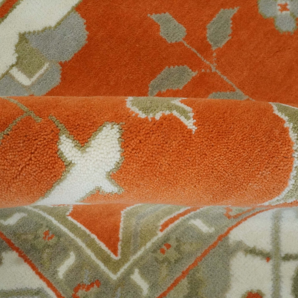 Orange, Ivory and Olive Hand knotted Oriental Oushak 9x12 wool Area Rug