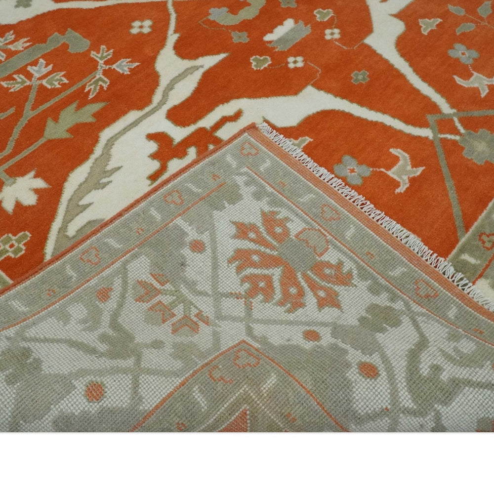 Orange, Ivory and Olive Hand knotted Oriental Oushak Multi Size wool Area Rug