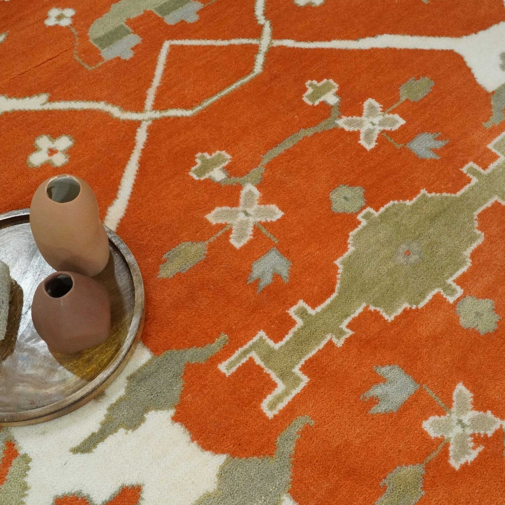 Orange, Ivory and Olive Hand knotted Oriental Oushak Multi Size wool Area Rug