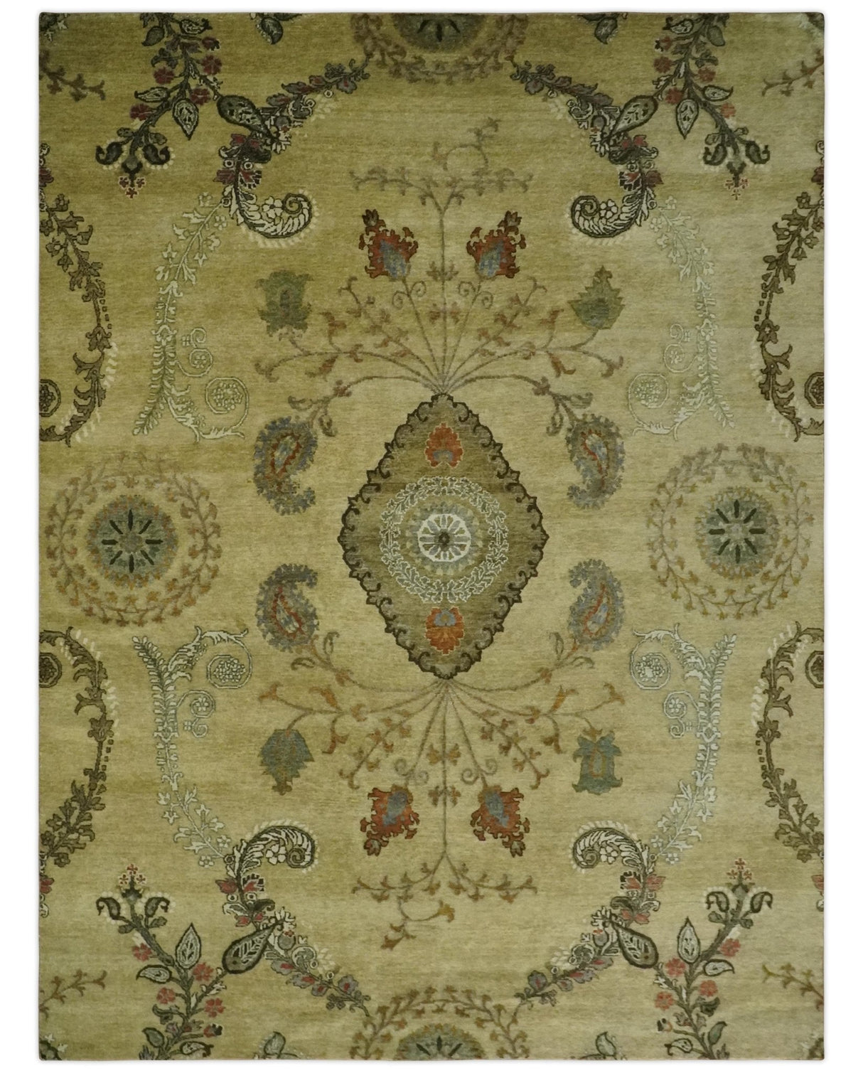 Oriental Floral Hand knotted Olive and Green 8x10 and 8.7x11.8 wool Area Rug