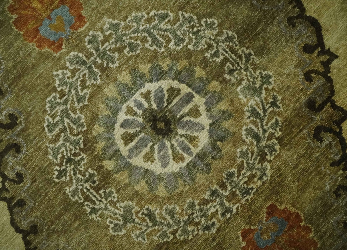 Oriental Floral Hand knotted Olive and Green 8x10 and 8.7x11.8 wool Area Rug
