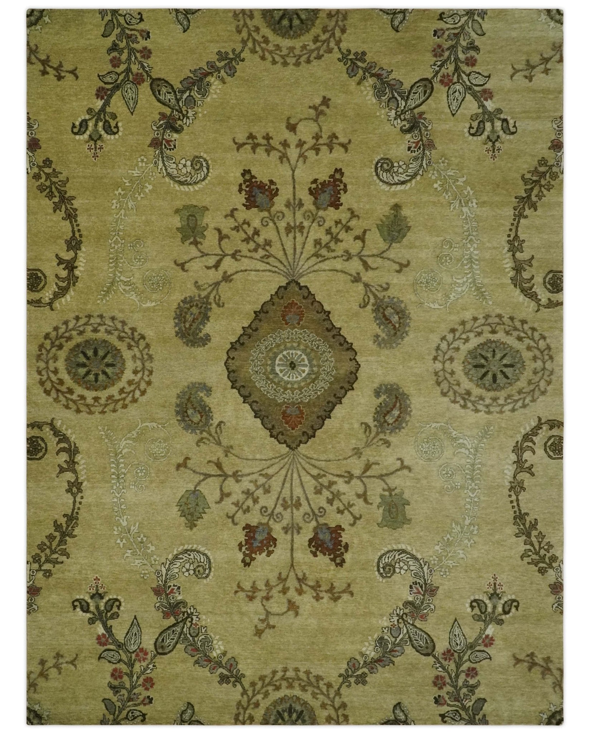 Oriental Floral Hand knotted Olive and Green 8x10 and 8.7x11.8 wool Area Rug