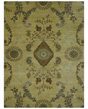 Oriental Floral Hand knotted Olive and Green 8x10 and 8.7x11.8 wool Area Rug