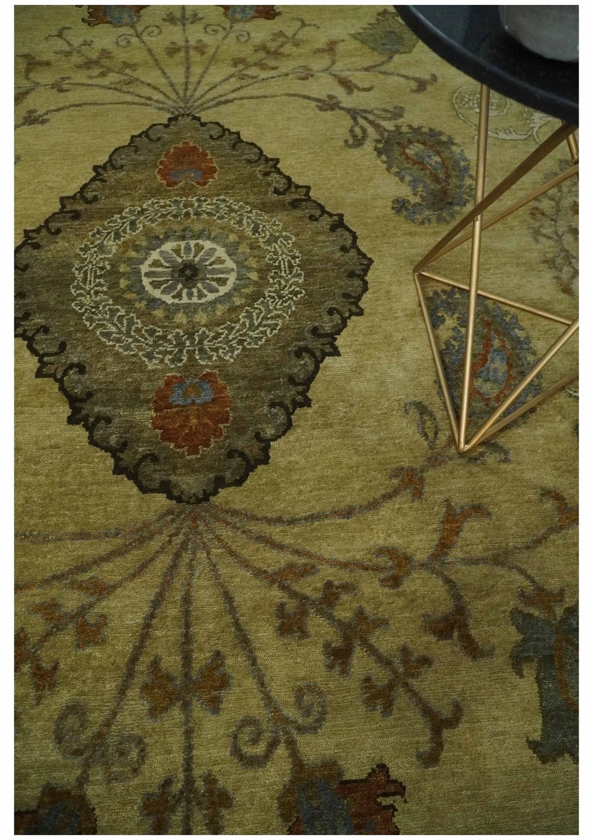 Oriental Floral Hand knotted Olive and Green 8x10 and 8.7x11.8 wool Area Rug
