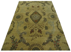 Oriental Floral Hand knotted Olive and Green 8x10 and 8.7x11.8 wool Area Rug