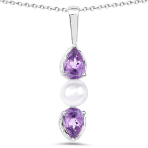 1.34 Carat Genuine Amethyst and Pearl .925 Sterling Silver Pendant