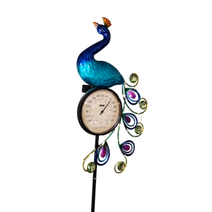 Solar Lighted Metal Peacock Yard Stake with Thermometer